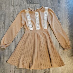 Janie and Jack Camel Color Long Sleeve Dress with Lace Detail Girl Size 5T